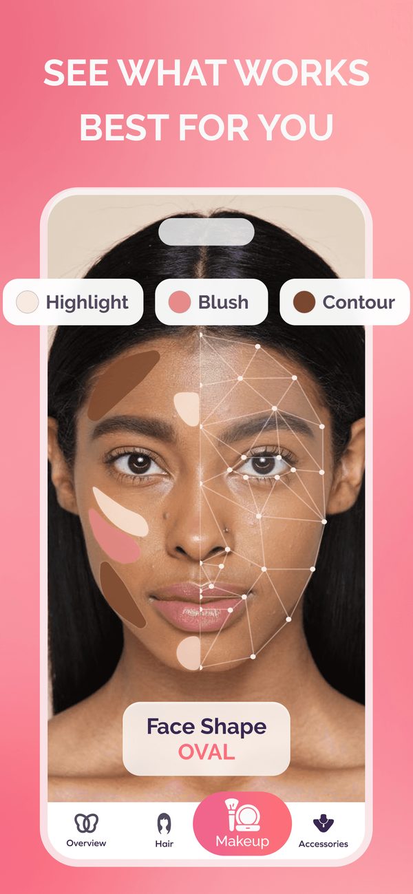 Face shape analysis with highlight, blush and contour placement